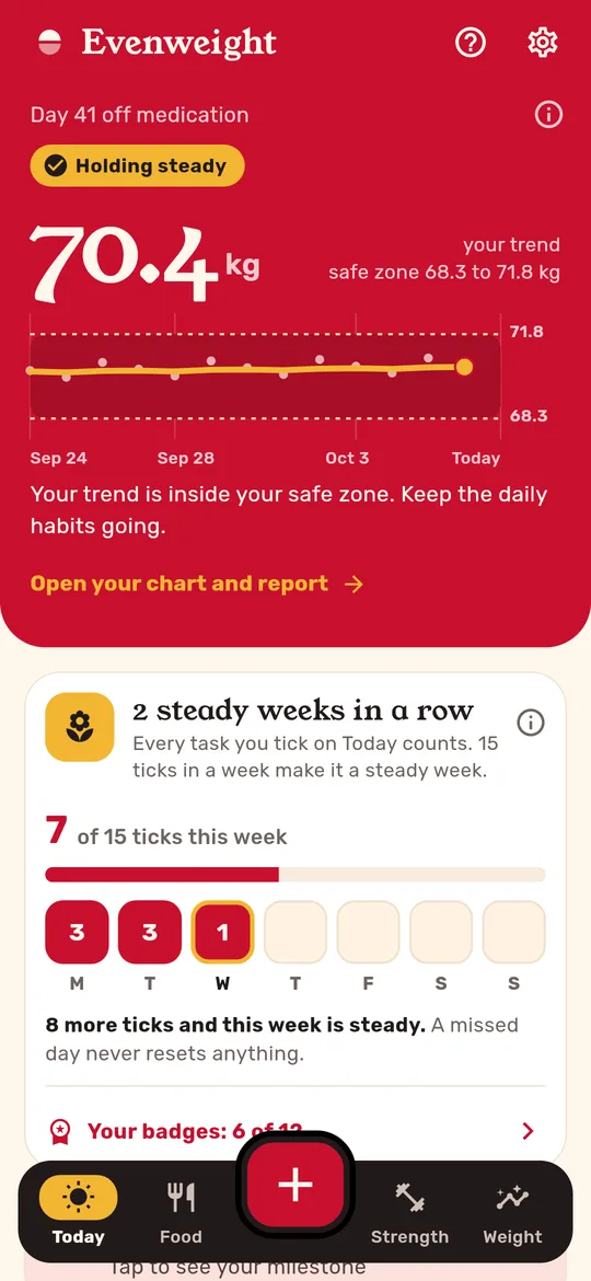 Today screen with weight trend and steady weeks